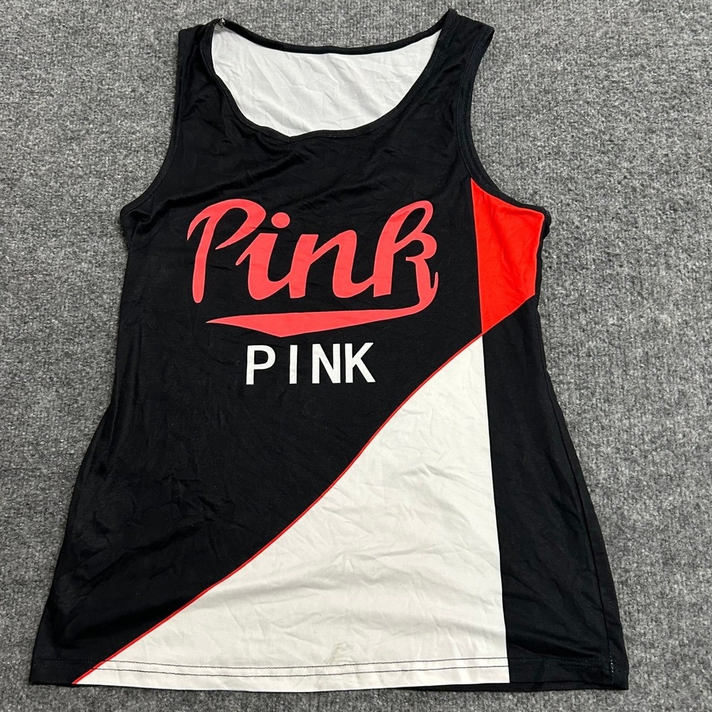 Pink Tank Top Womens XL Black White Red Graphic Colorblock Stretch Sleeveless